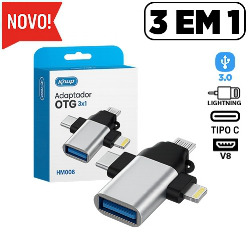ADAPTADOR USB 3.0 FÊMEA (3 EM 1) P/ TYPE-C, IPHONE E V8